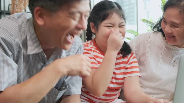 grand mother grandfather teach little child son granddaughter using laptop