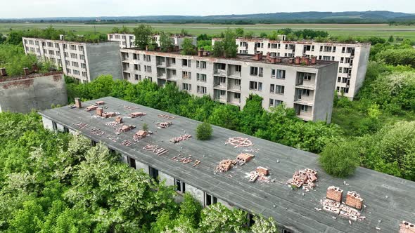 Aerial view of an abandoned housing estate in the village of Sarmellek in Hungary