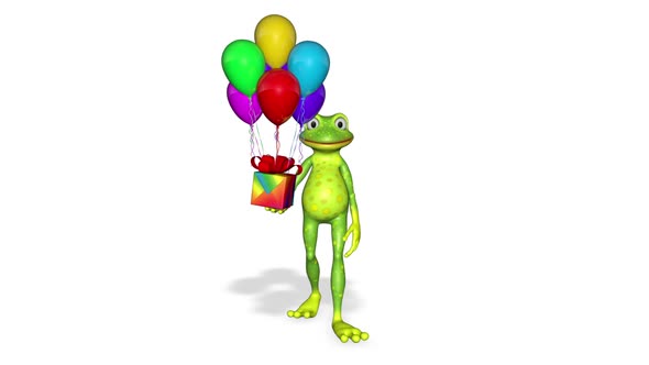 Frog Shows Gift Balloons Looped White Background