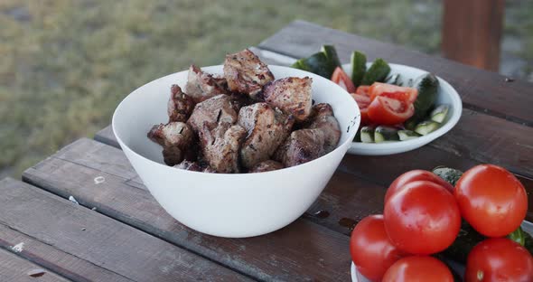 Grilled Meat On A Plate, Weekend In Nature