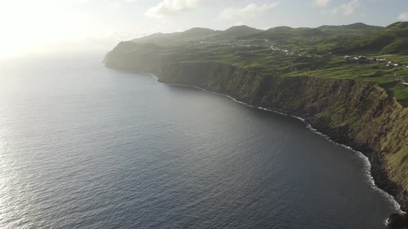 Aerial View of cliff overlooking the ocean, Baìa de Entre Morros, Velas, Azores.