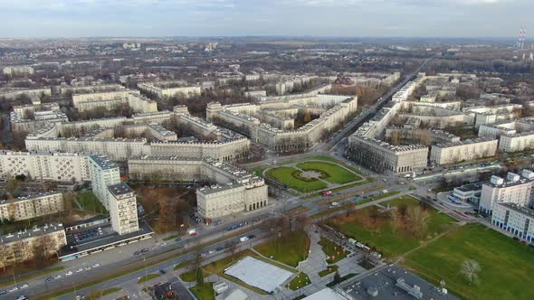 Drone approaching Central Square (Plac Centralny) in Nowa Huta, Krakow, Poland