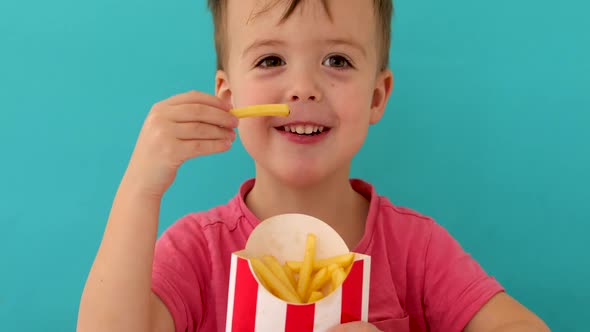 Young Boy Indoors Eating Fish and Chips Smiling