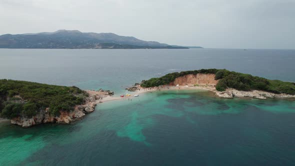 Aerial View of Tropical Beach in Ksamil Islands with Turquoise Water Albania