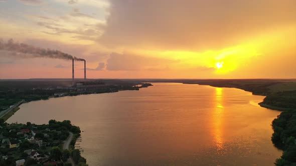 Atmospheric view of river. Aerial view of river at sunset