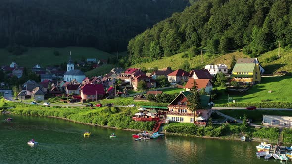 Aerial view of the Palcmanska masa water reservoir in the village of Dedinky