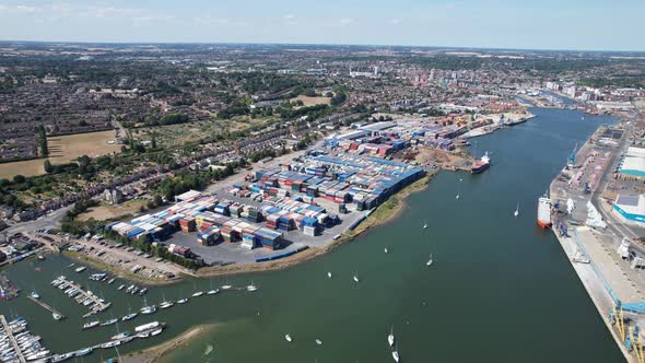 Ipswich container Port marina and town Suffolk UK drone aerial view