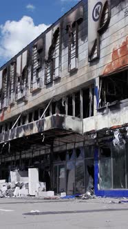 Vertical Video of a Burnt Shopping Center During the War in Bucha Ukraine