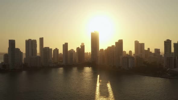 Beautiful Sunset Over Modern Skyscrapers Business Apartments Hotels Aerial View