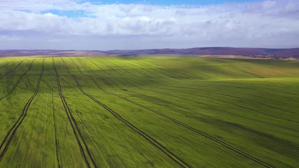 View From the Height on Rural Landscape Green Field and Picturesque Clouds in the Sky