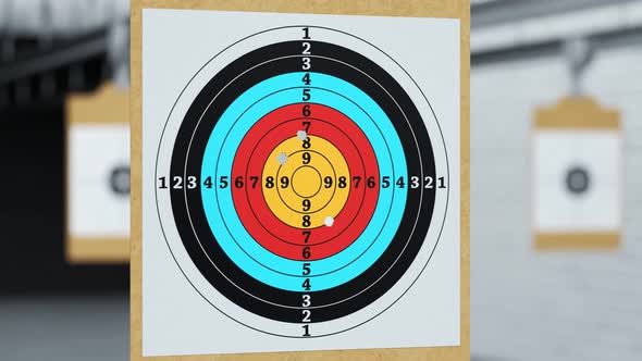 Shooting range with target riddling by bullets. Training practice or competition