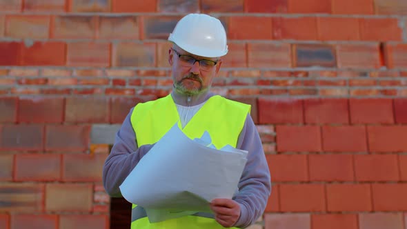 Worker Builder Designer Architect Analyzes Blueprints on Construction Site of House Real Estate