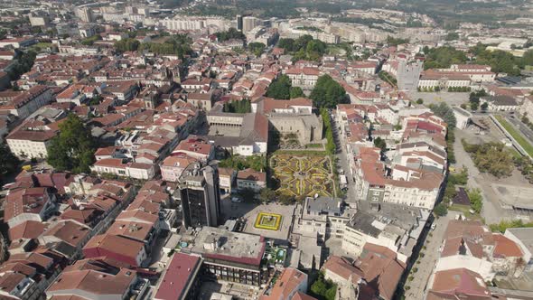 Panoramic aerial view of Braga cityscape, Portugal. Gorgeous flower garden, Jardim de Santa Barbara