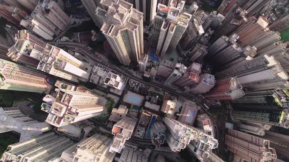 Aerial top view of financial district and business center in smart city in Asia. Hong Kong Downtown.