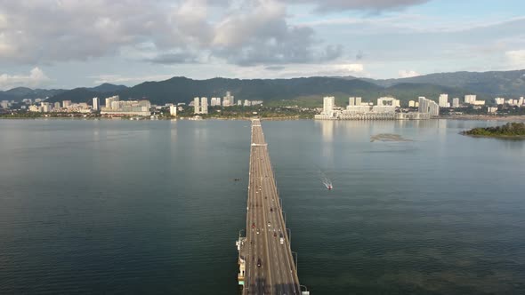 Aerial view boat move near Penang Bridge