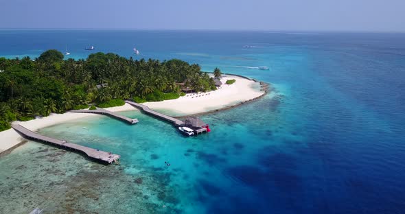 Natural birds eye copy space shot of a paradise sunny white sand beach and aqua turquoise water back