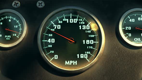 Close up shot of dashboard with speedometer in the speeding race car. 4K