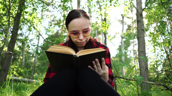 Woman Reading a Book in a Green Summer Forest.