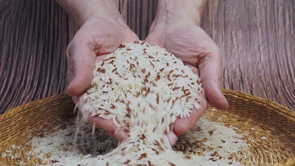 Brown bowl full of dry white jasmine rice grains. Hands full of fresh white jasmine rice grains. 