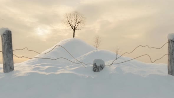 View Through Snow Covered Fence To The Hills With Trees