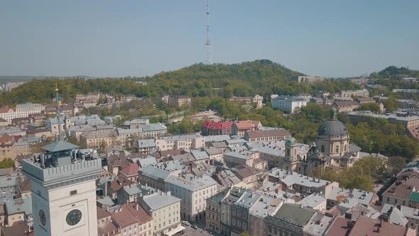 Aerial City Lviv, Ukraine. European City. Popular Areas of the City. Dominican