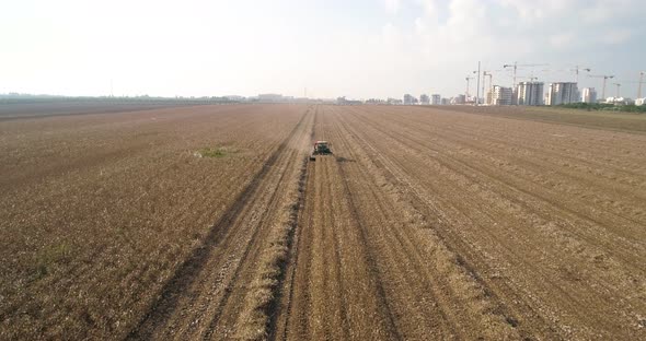 Aerial view of a tractor in a cotton field, Kibbutz, Israel.