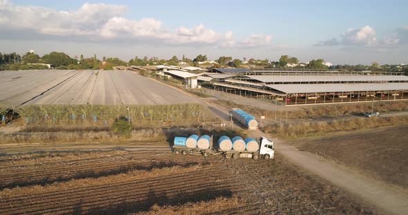 Aerial view of lorries in a cotton field, Israel.