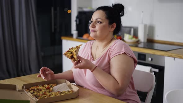 Overweighted Woman Eats with Great Pleasure Woman Eats Pizza Rolls Eyes