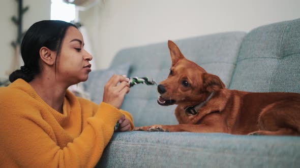 Happy African woman playing with her dog