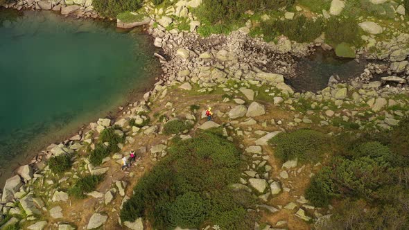 Tourists In The Mountains Around The Lakes Videographed From The Air