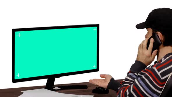 Trader Looking at Mockup Green Screen, Alpha Channel