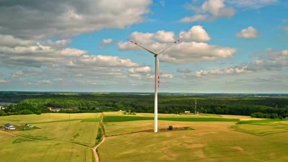 Wind turbines on green field, Poland, view from above