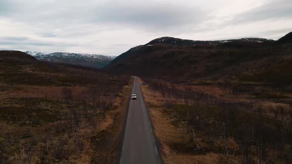 Road trip in scenic Northern Norway; drone view of remote landscape