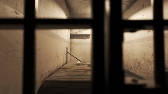 Grunge prison cell interior seen through jail bars. Horizontal camera motion.