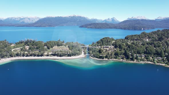 Bridges over Lakes in Villa La Angostura, Patagonia, Argentina. Drone Camera.