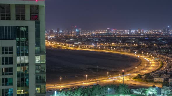 Aerial View to Villas and Houses with Golf Course Night Timelapse