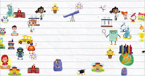 Several schoolchildren and school materials on a white background