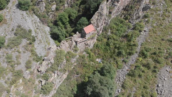 Aerial view of the shrine on the rock near Darial Gorge. Terek valley. Georgia