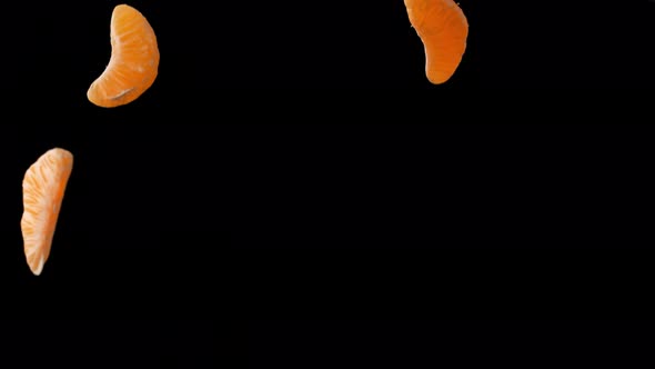 Orange slices falling on black background. Slow Motion.