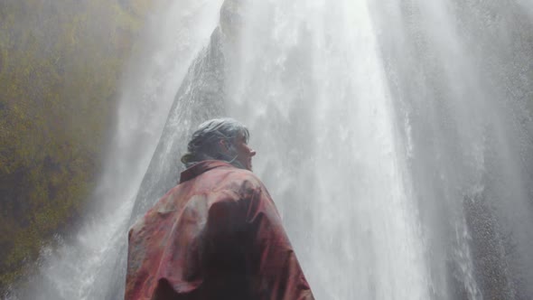 Woman Laughing Awe At Waterfall