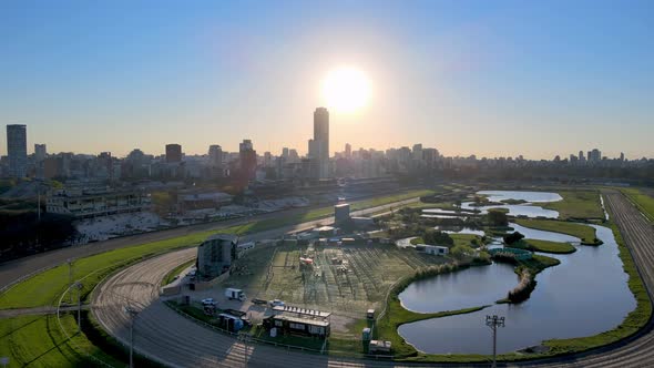 Wide aerial pan of horse race course Hipódromo Argentino de Palermo