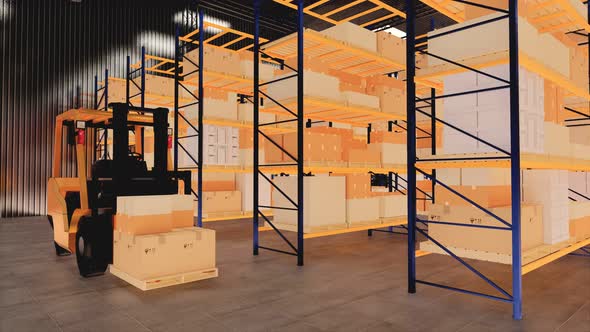 3D rendering.Warehouse with cardboard boxes inside on pallets racks.