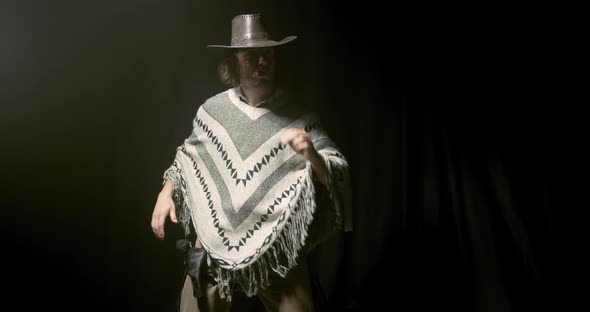 Cowboy is standing in a dark room, drawing and aiming a gun, shootout, 4k