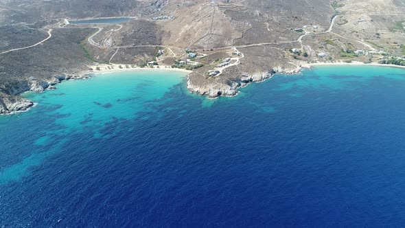 Psili Ammos beach on Serifos island in the Cyclades in Greece seen from the sky