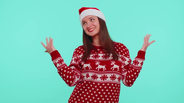 Young Adult Girl in Christmas Sweater Listening Music Dancing Disco Fooling Around Having Fun
