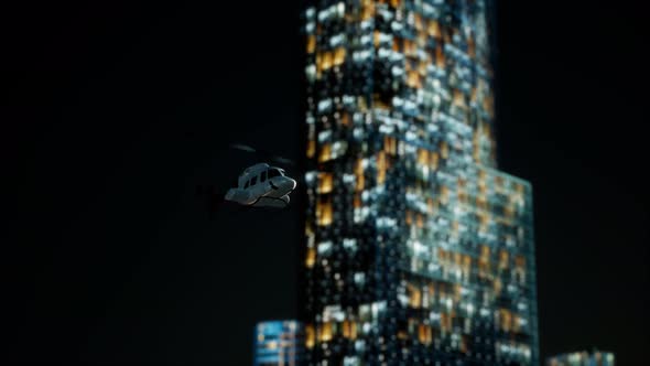 Slow Motion Helicopter Near Skyscrapers at Night