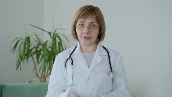 Woman Doctor in White Medical Uniform with Stethoscope Talk Video Conference Call with Patient