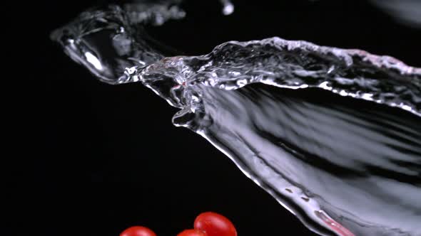 Slo-motion cherry tomatoes mixing with water