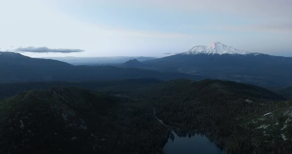 Drone panoramic shot of Shasta-Trinity Forest, Mount Shasta and Castle Lake, USA