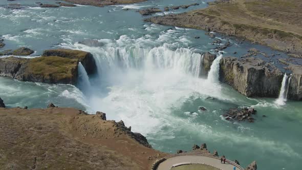 Godafoss Waterfall in Summer Day. Iceland. Aerial View